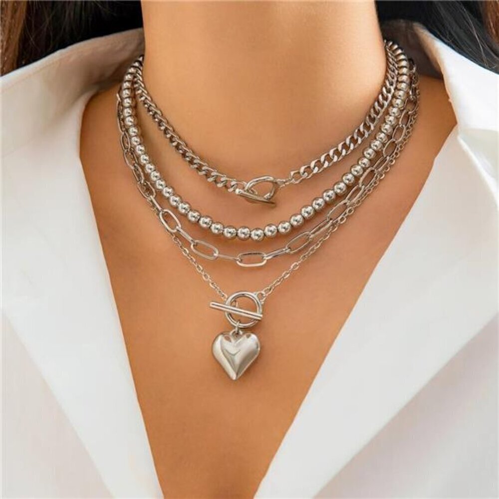 Chunky Layered Silver Tone Necklace Set Paperclip Chain Heart Pendant Jewelry